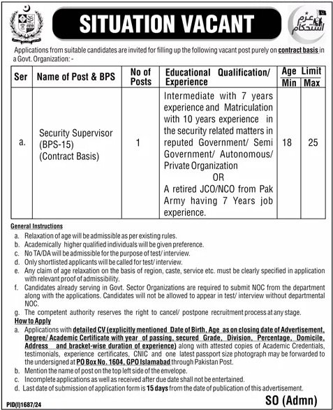 Government Organization Islamabad Jobs 2024 – Federal Government Organization Jobs 2024 — original advertisement