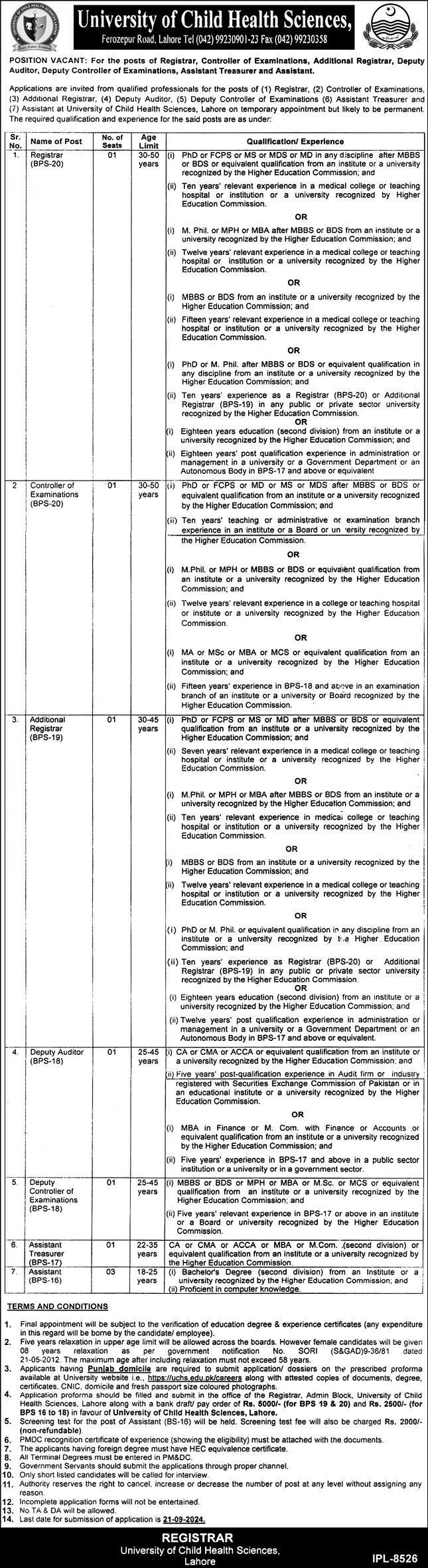 University Of Child Health Sciences Lahore Punjab Jobs 2024 – University of Health Sciences Lahore Jobs 2024 — original advertisement