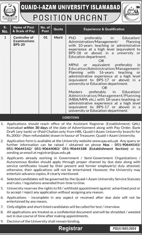 Quaid I Azam University Islamabad Jobs 2024 – Quaid-i-Azam University, Islamabad , Pakistan Jobs 2024 — original advertisement