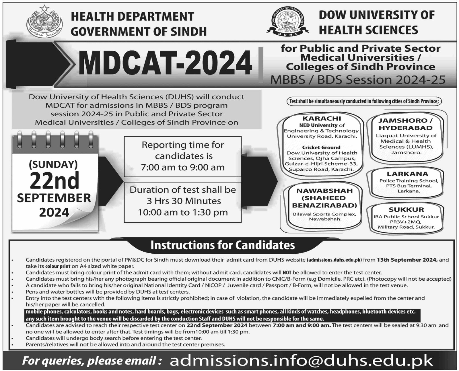 Admission Open in Dow University of health Sciences 2024 – Dow University of Health Sciences Karachi Admissions 2024 — original advertisement