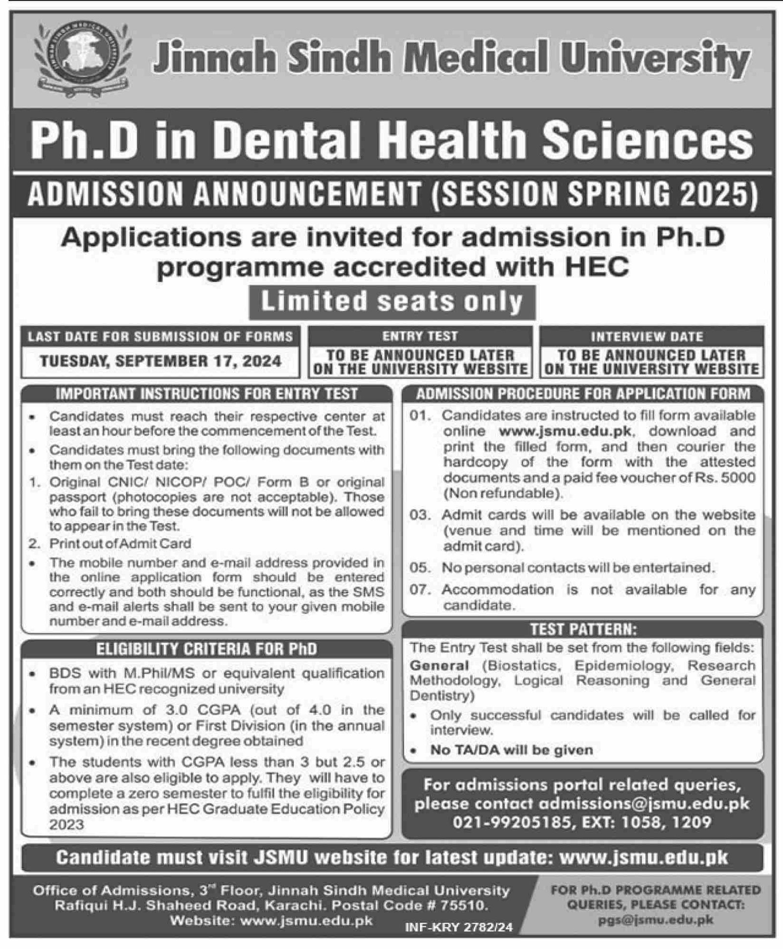 Admission Open in Jinnah Sindh Medical University 2024 – Jinnah Sindh Medical University Karachi Admissions 2024 — original advertisement