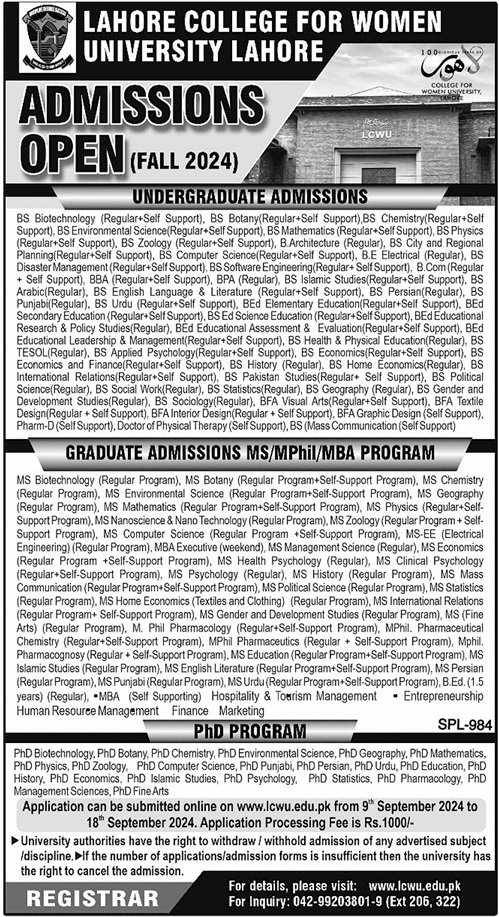 Admission Open in Lahore College for Women Univeristy Lahore – Lahore College for Women University Lahore Admissions 2024 — original advertisement