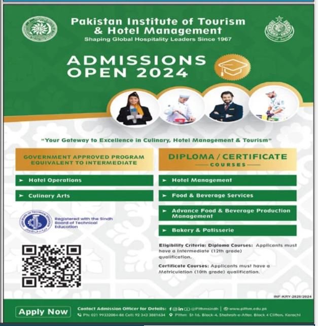 Admission Open in Pakistan Institute of Toursim & Hotel – Pakistan institute of tourism and Hotel Management Karachi Admissions 2024 — original advertisement