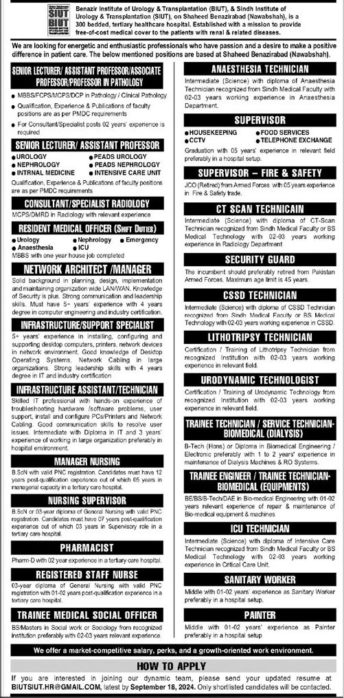 Benazir Institute of Urology & Transplantation BIUT Job 2024 – benazir institute of urology & transplantation BUIT Jobs 2024 — original advertisement