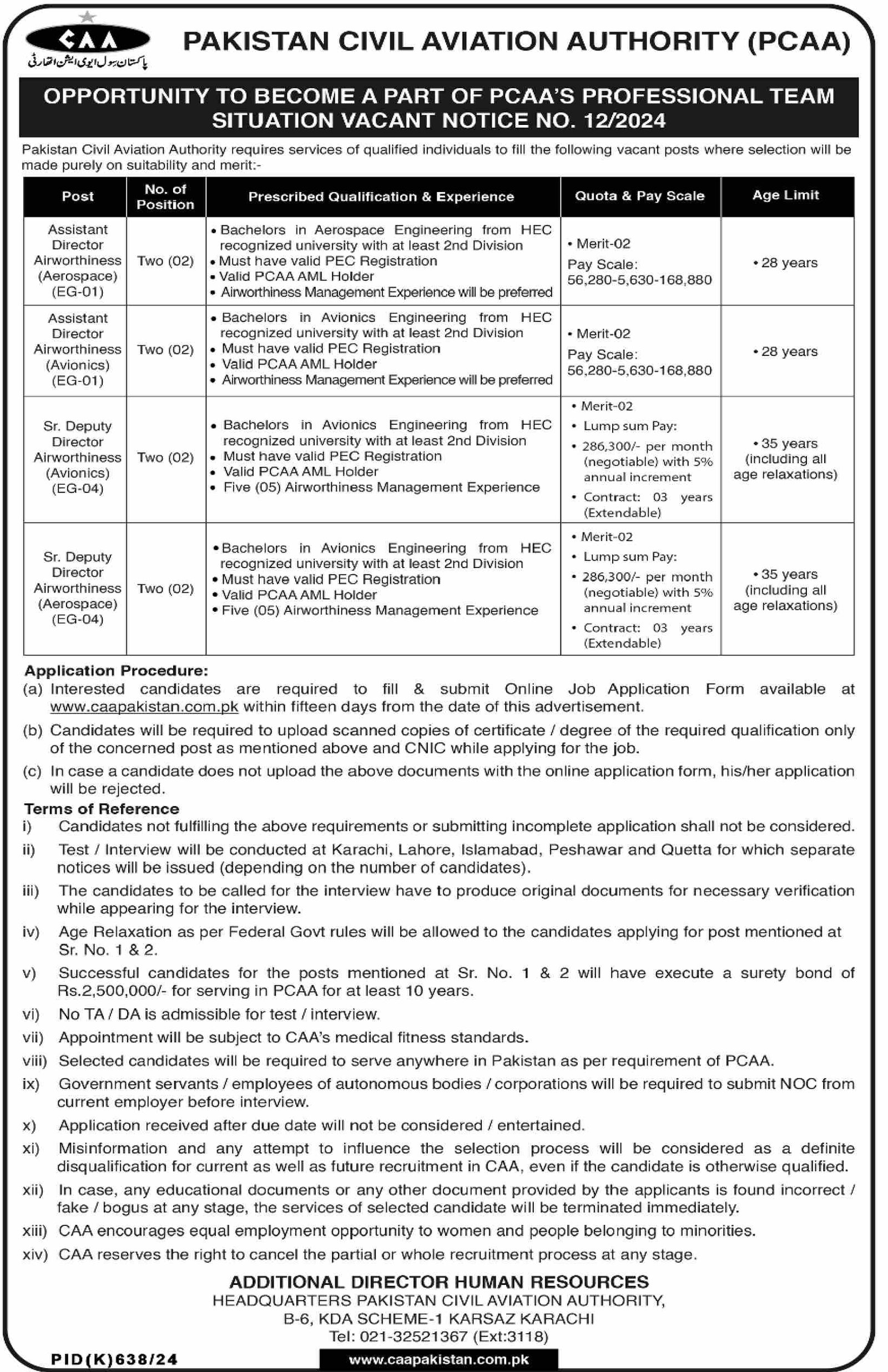 Pakistan Civil Aviation Authority CAA Karachi Jobs 2024 – Pakistan Civil Aviation Authority (CAA) Jobs 2024 — original advertisement