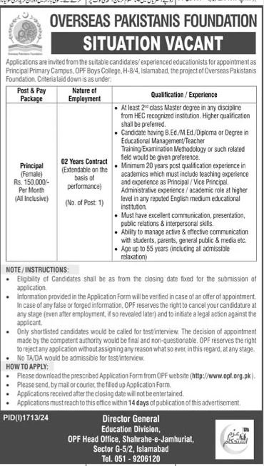 Overseas Pakistanis Foundation OPF Islamabad Jobs 2024 – Overseas Pakistanis Foundation Islamabad Jobs 2024 — original advertisement