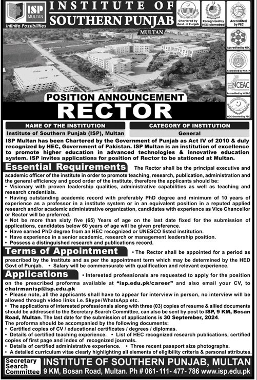 Institute Of Southern Punjab ISP Multan Job 2024 – Institute of Southern Punjab Multan Jobs 2024 — original advertisement