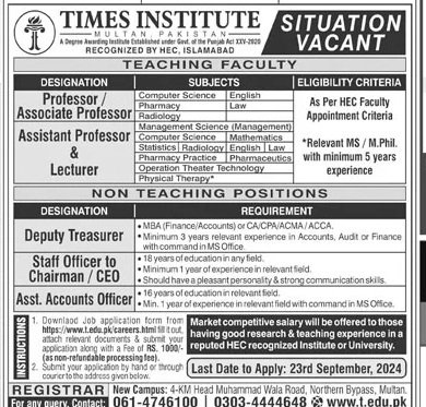 Times Institute Multan Punjab Jobs 2024 Jobs 2024 — original advertisement