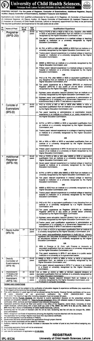University Of Child Health Sciences Lahore Jobs 2024 – University of Child Health Sciences, Lahore Jobs 2024 — original advertisement