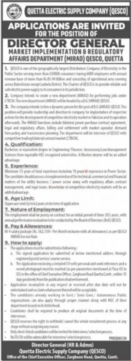 Quetta Electric Supply Company QESCO Jobs 2024 Jobs 2024 — original advertisement