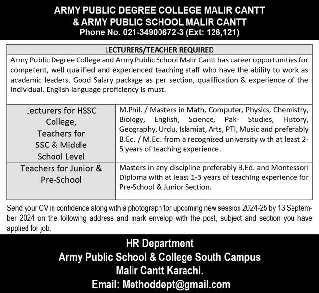 Army Public School Malir Cantt Karachi Jobs 2024 – Army Public School & College Paksitan Jobs 2024 — original advertisement