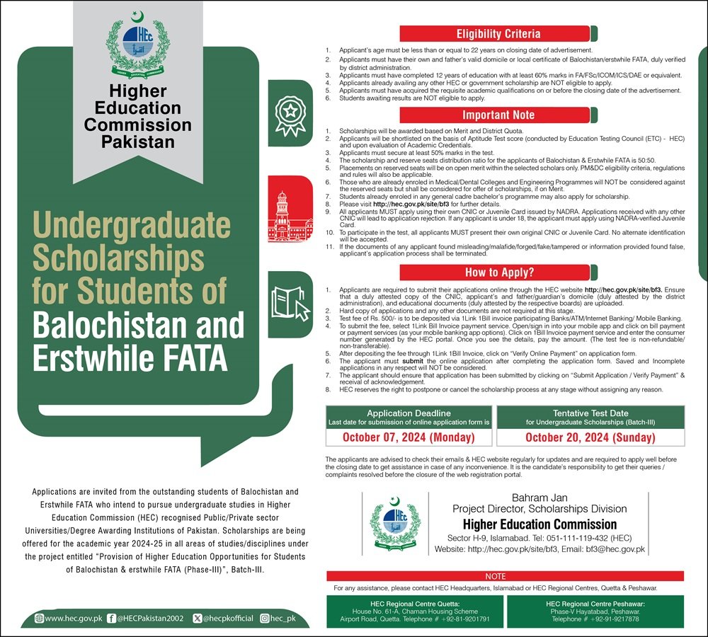 Hec Undergraduate Scholarships For Students Balochistan FATA – Higher Education Commission Islamabad Scholarships 2024 — original advertisement