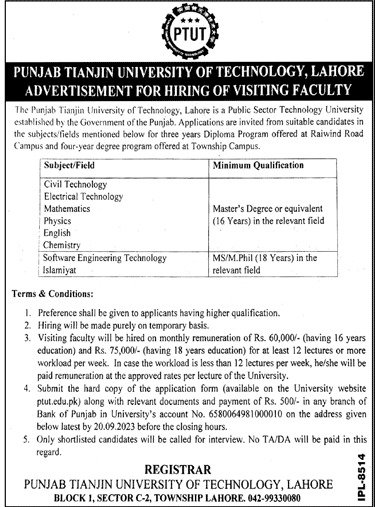 Punjab Tianjin University Of Technology Jobs 2024 – Punjab Tianjin University of Technology Lahore Jobs 2024 — original advertisement