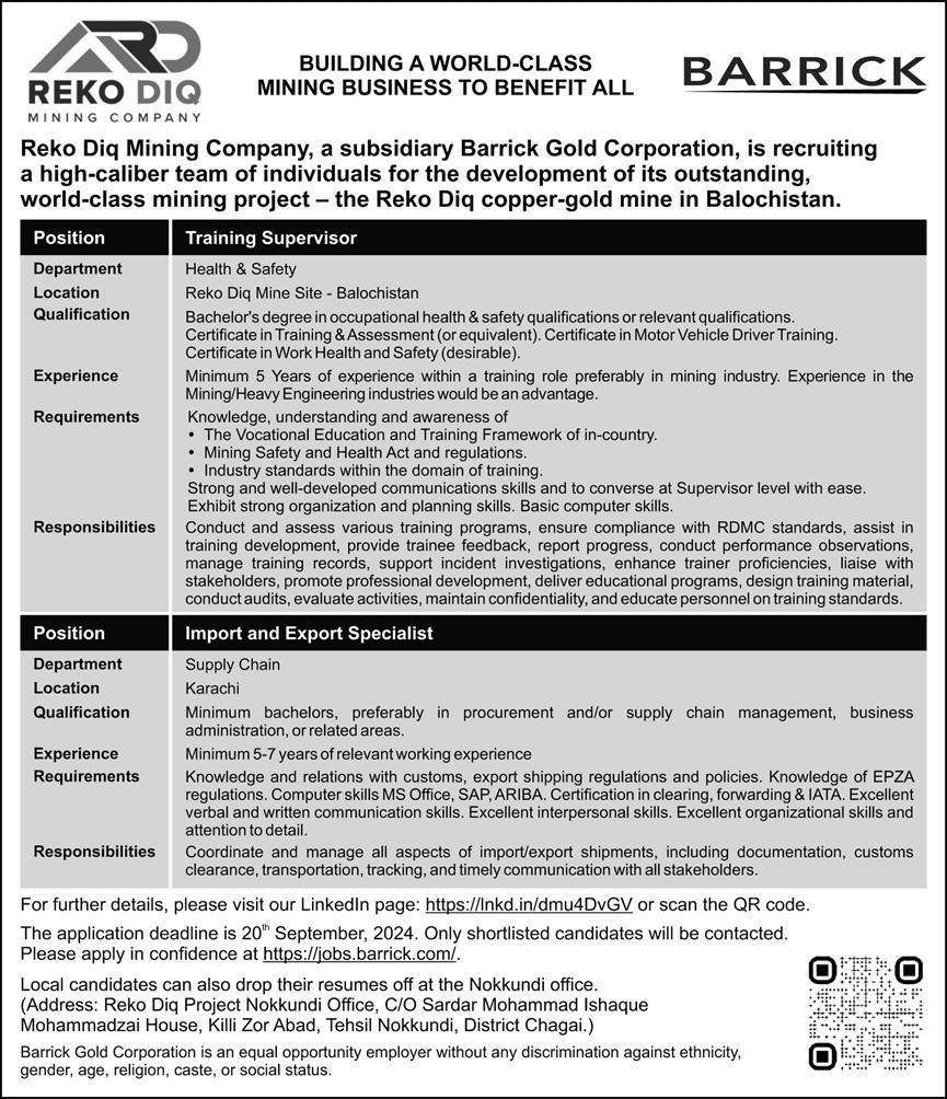 Barrick Pakistan Balochistan Jobs 2024 Jobs 2024 — original advertisement