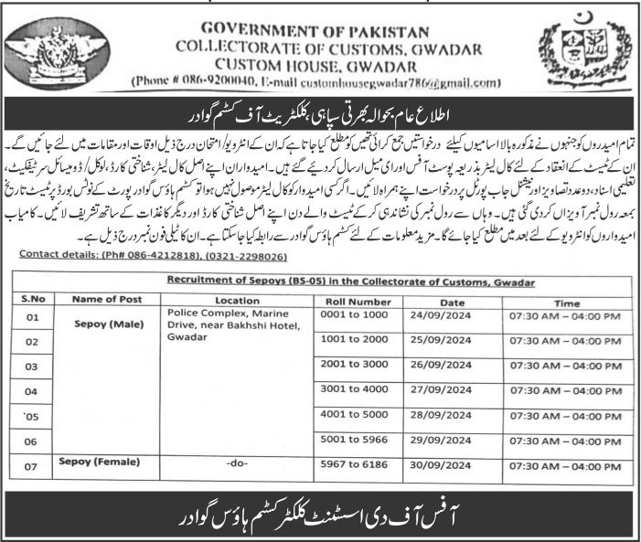 Test And Interviews For Jobs At Collectorate of Customs 2024 – Collectorate Of Customs Gwadar Jobs 2024 — original advertisement