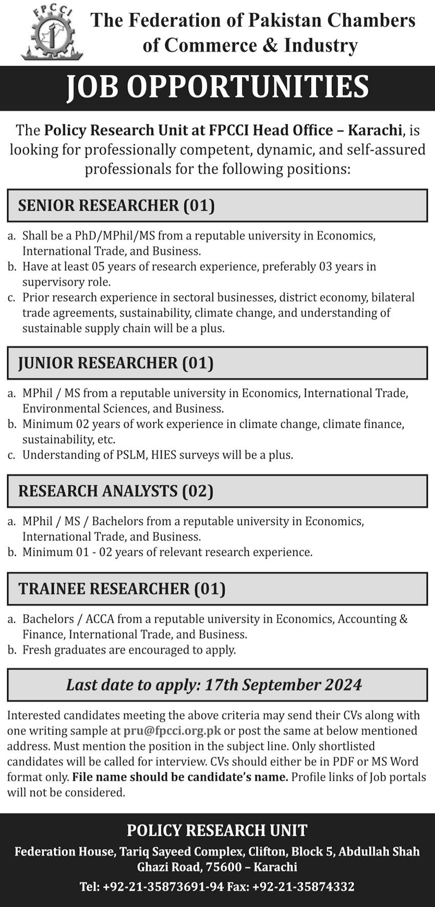 The Federation of Pakistan Chambers of Commerce Jobs 2024 – Islamabad Chamber of Commerce & Industry Jobs 2024 — original advertisement