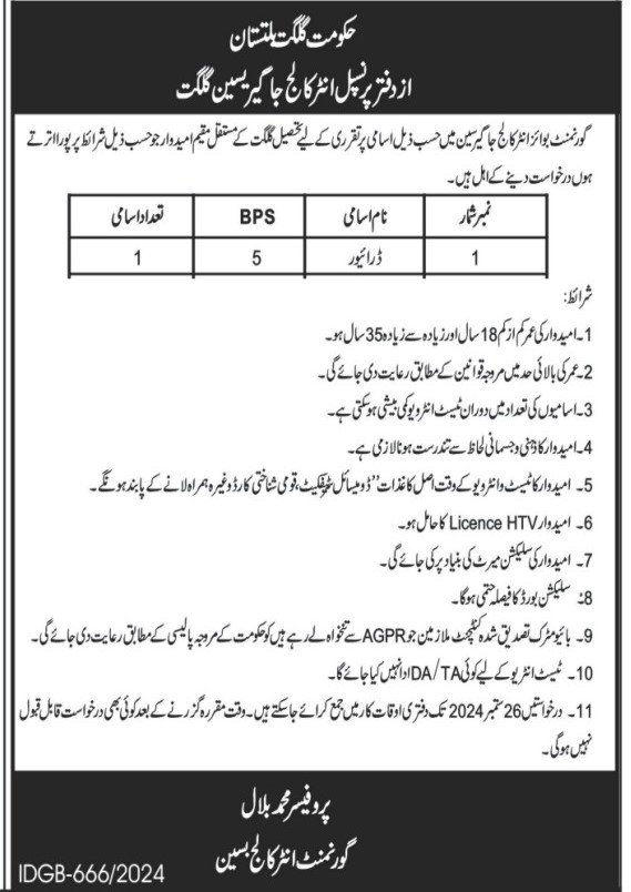 Govt Boys Inter College Gilgit Jobs 2024 – Government Boys Degree College Jobs 2024 — original advertisement
