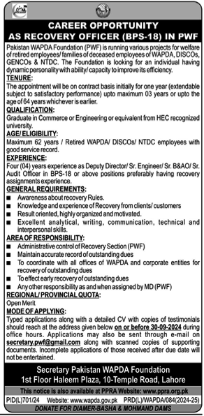 Pakistan Wapda Foundation Lahore Jobs 2024 – Water and Power Development Authority Jobs 2024 — original advertisement