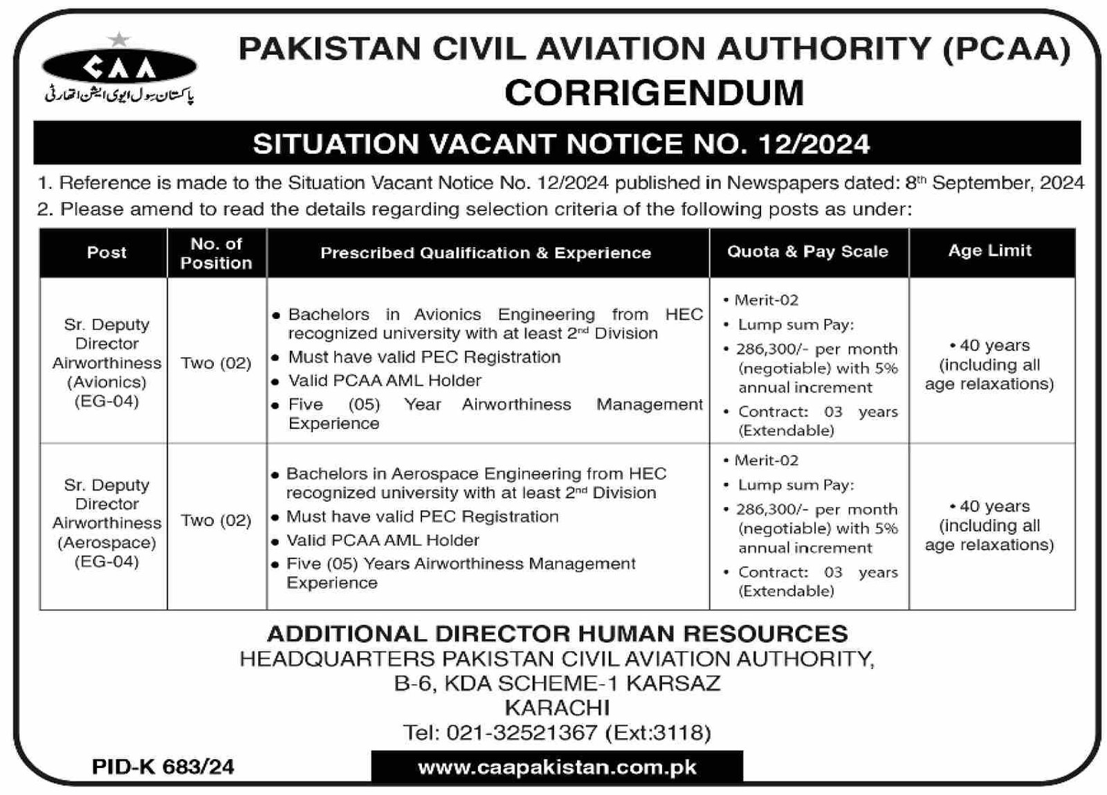 Pakistan Civil Aviation Authority CAA Jobs 2024 – Pakistan Civil Aviation Authority (CAA) Jobs 2024 — original advertisement