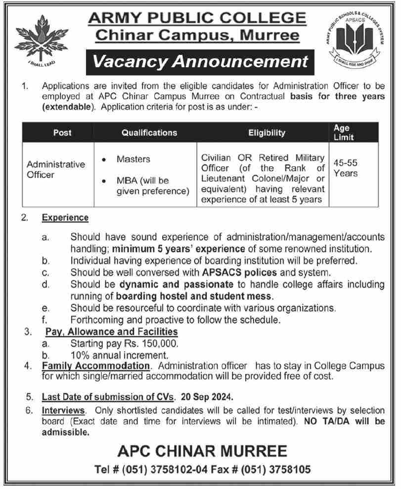 Army Public College Chinar Campus Murree Jobs 2024 – Army Public School & College Paksitan Jobs 2024 — original advertisement