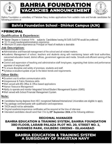 Bahria Foundation Schools BFS Bagh Jobs 2024 Jobs 2024 — original advertisement