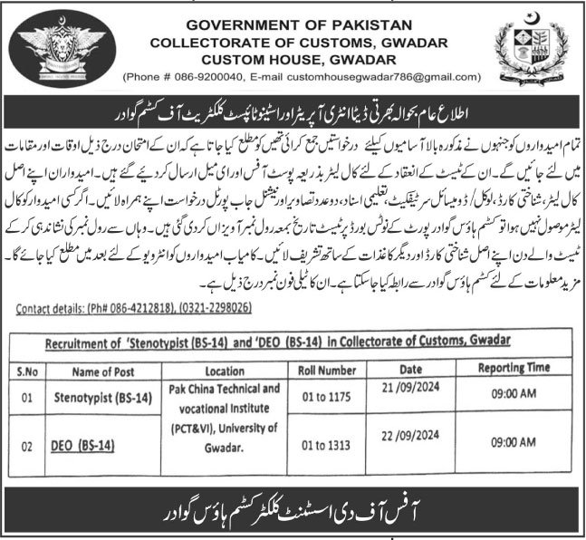Collectorate Of Customs Gawadar Test Interview 2024 – Collectorate Of Customs Gwadar Jobs 2024 — original advertisement