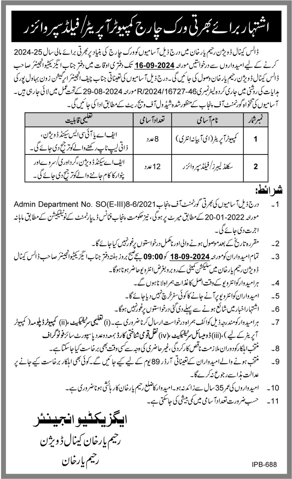 Canal Division Rahim Yar Khan Jobs 2024 – Irrigation Department Punjab Jobs 2024 — original advertisement