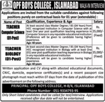 OPF Boys College Islamabad Jobs 2024 – OPF Public School Jobs 2024 — original advertisement