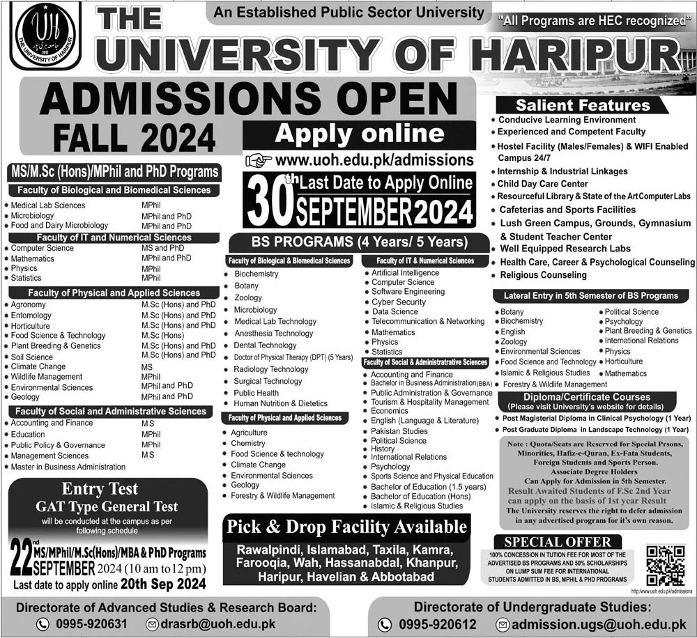 Admission Open in University of Haripur 2024 Admissions 2024 — original advertisement