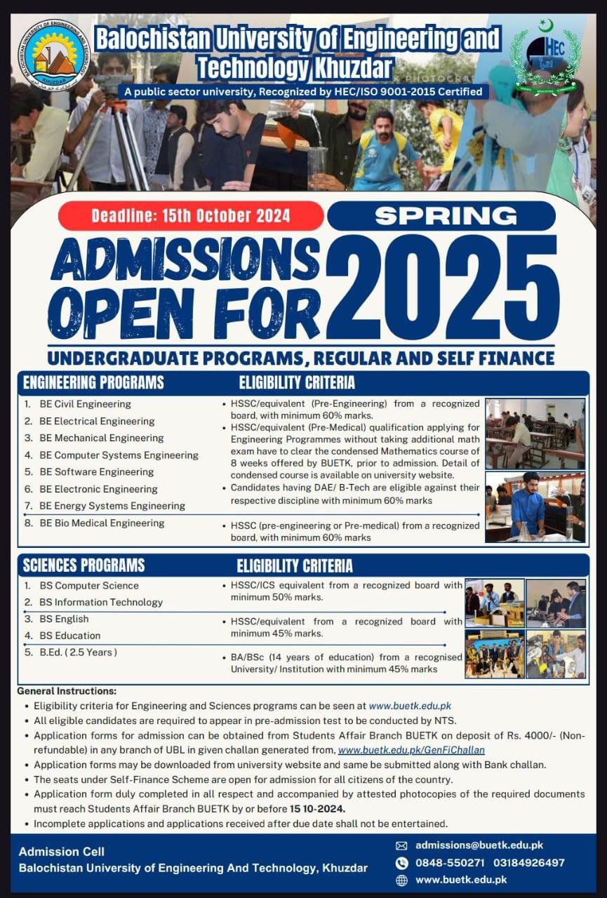 Admissions Open in Balochistan University of Engineering – Balochistan University of Engineering and Technology BUETK Khuzdar Admissions 2024 — original advertisement