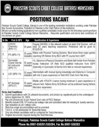 Pakistan Scouts Cadet College Mansehra Jobs 2024 – Hazara Cadet College Mansehra Jobs 2024 — original advertisement