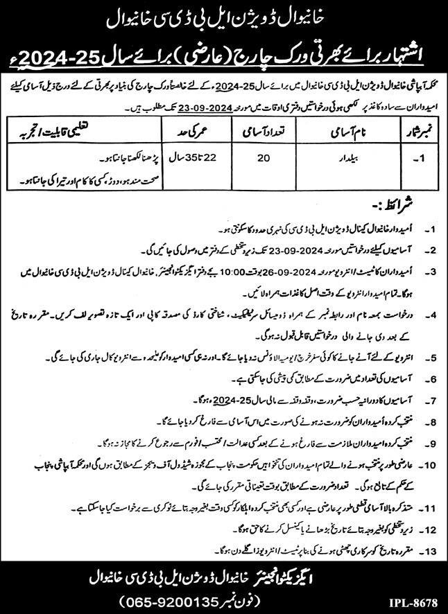 Irrigation Department Khanewal Jobs 2024 – Irrigation Department Punjab Jobs 2024 — original advertisement