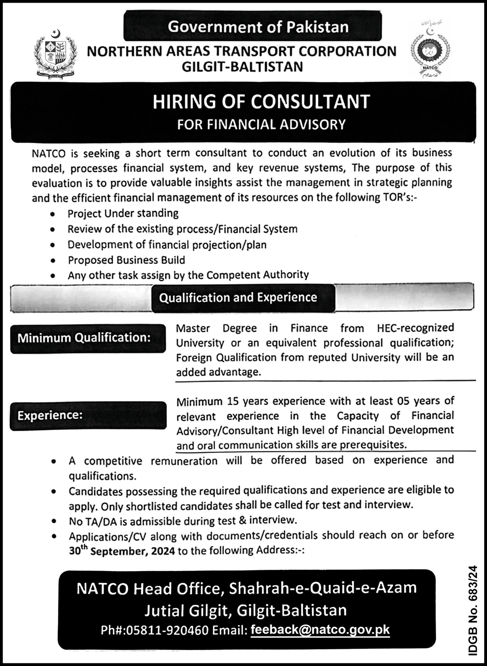 Northern Areas Transport Corporation NATCO Gilgit Jobs 2024 – Government of Gilgit-Baltistan Jobs 2024 — original advertisement