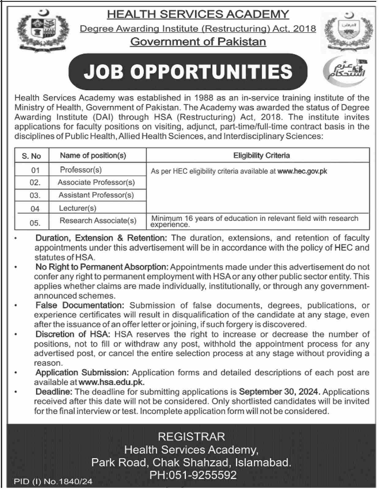 Health Services Academy HSA Islamabad Jobs 2024 Jobs 2024 — original advertisement