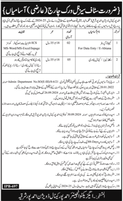 Canal Division Ahmedpur Jobs 2024 – Irrigation Department Punjab Jobs 2024 — original advertisement