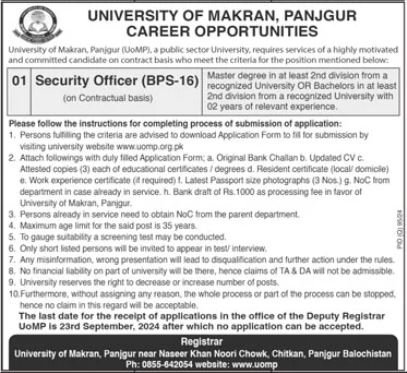 University Of Makran Panjgur Jobs 2024 – University of Makran, Panjgur Jobs 2024 — original advertisement