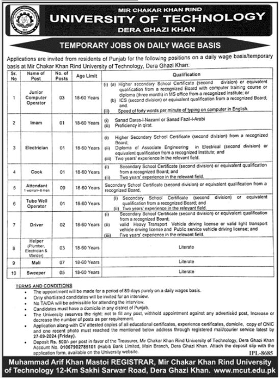 Mir Chakar Khan Rind University Of Technology Jobs 2024 – Mir Chakar Khan Rind University of Technology Dera Ghazi Khan Jobs 2024 — original advertisement