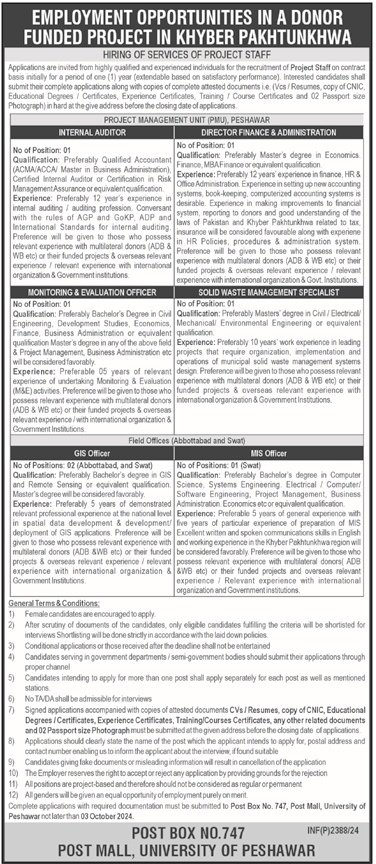 Project Management Unit PMU Peshawar Jobs 2024 – University of Peshawar Jobs 2024 — original advertisement