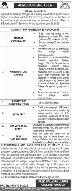Admission Open in Agriculture College Panjgur 2024 Admissions 2024 — original advertisement
