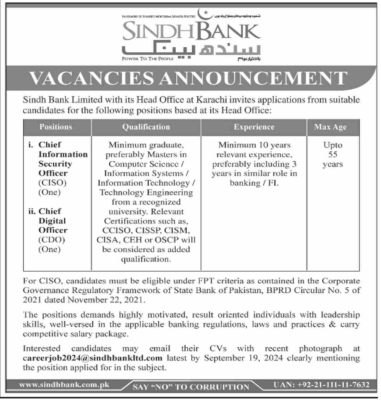 Sindh Bank Limited Karachi Jobs 2024 Jobs 2024 — original advertisement