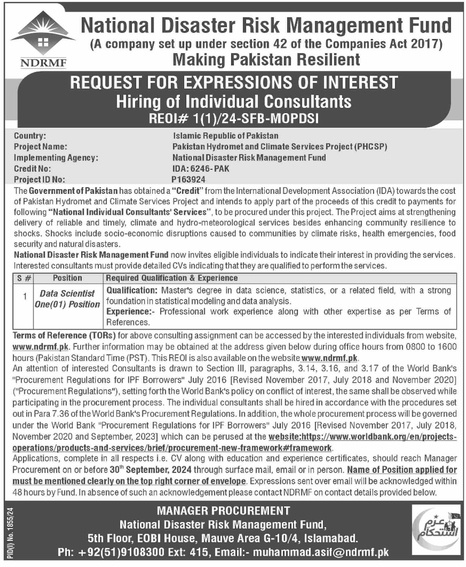 National Disaster Risk Management Islamabad Jobs 2024 – National Disaster & Risk Management Fund Jobs 2024 — original advertisement