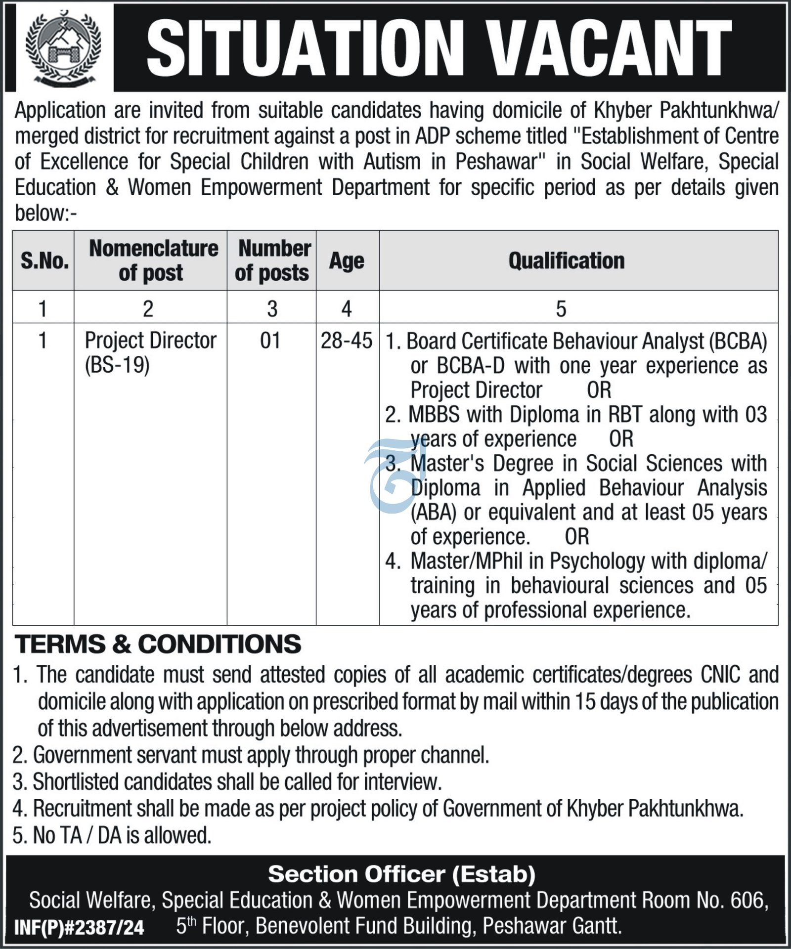 Social Welfare & Special Education & Women Peshawar Jobs – Social Welfare Department KPK Jobs 2024 — original advertisement