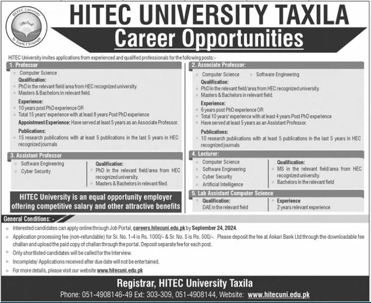 HITEC University Taxila Punjab Jobs 2024 Jobs 2024 — original advertisement