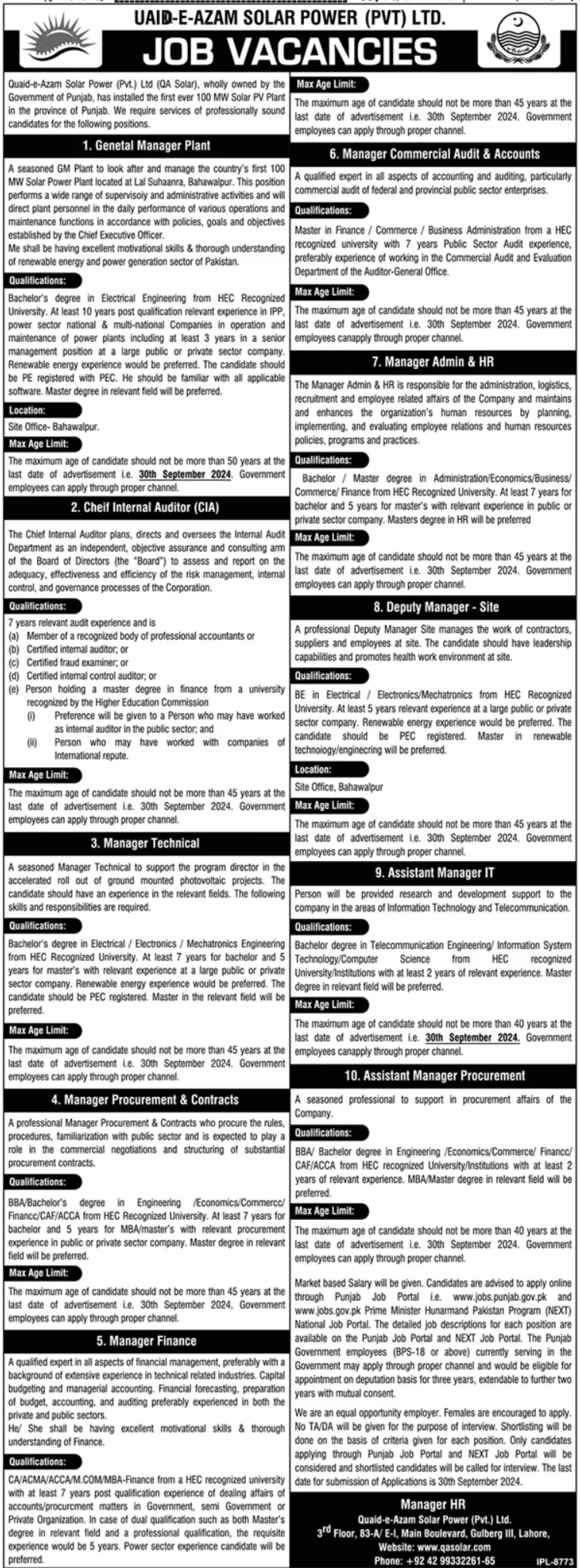 Quaid E Azam Solar Power Lahore Jobs 2024 – Private Company Jobs 2024 — original advertisement