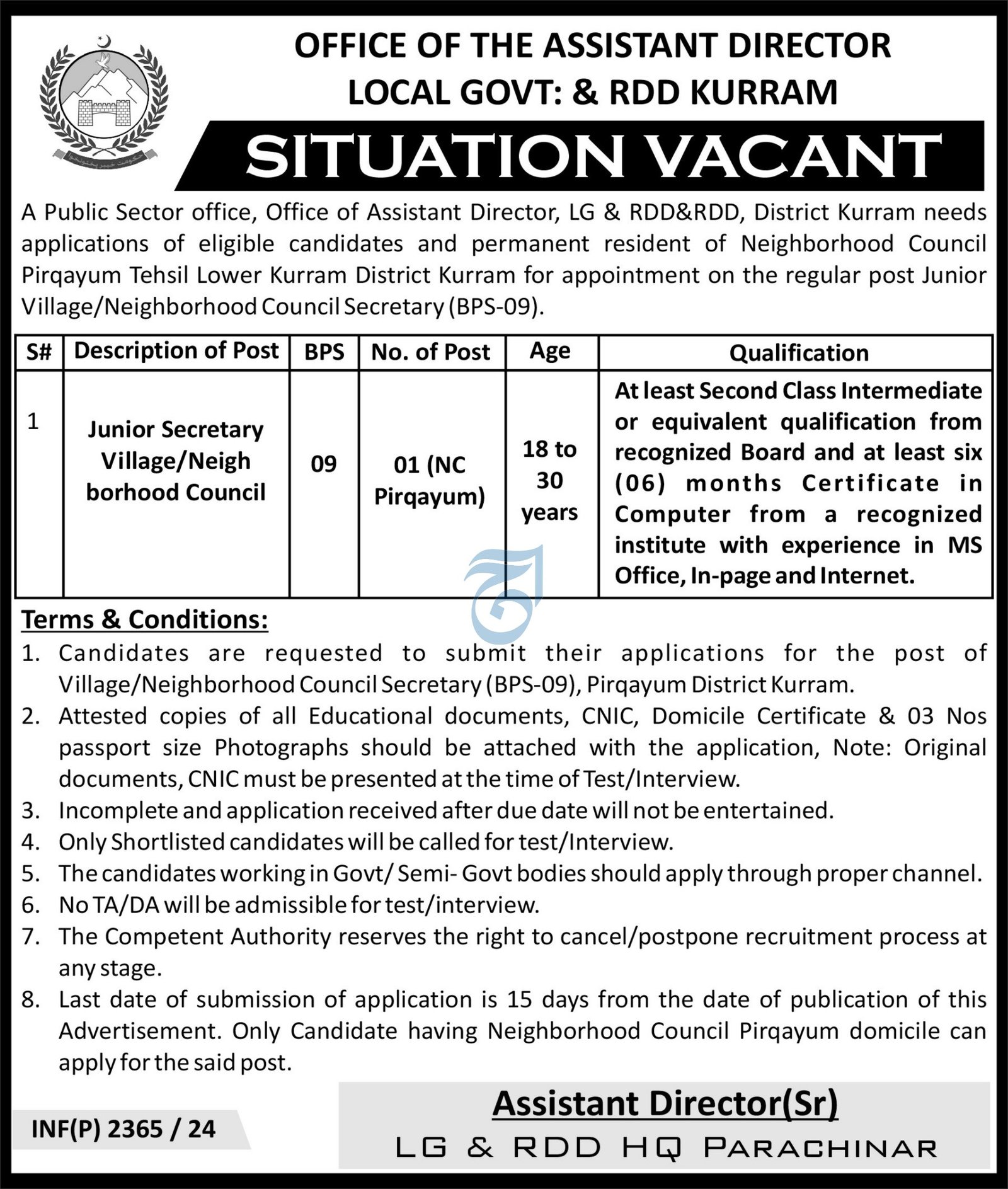 Local Government and Rural Development Department Kurram Job – Local Govt Department KPK Jobs 2024 — original advertisement