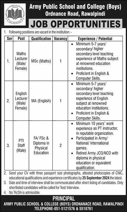 Army Public School And College Rawalpindi Jobs 2024 – Army Public School & College Paksitan Jobs 2024 — original advertisement