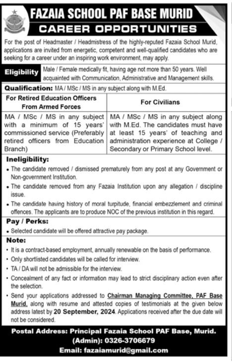 Fazaia Schools PAF Base Murid Jobs 2024 – Fazaia Schools & Colleges Jobs 2024 — original advertisement