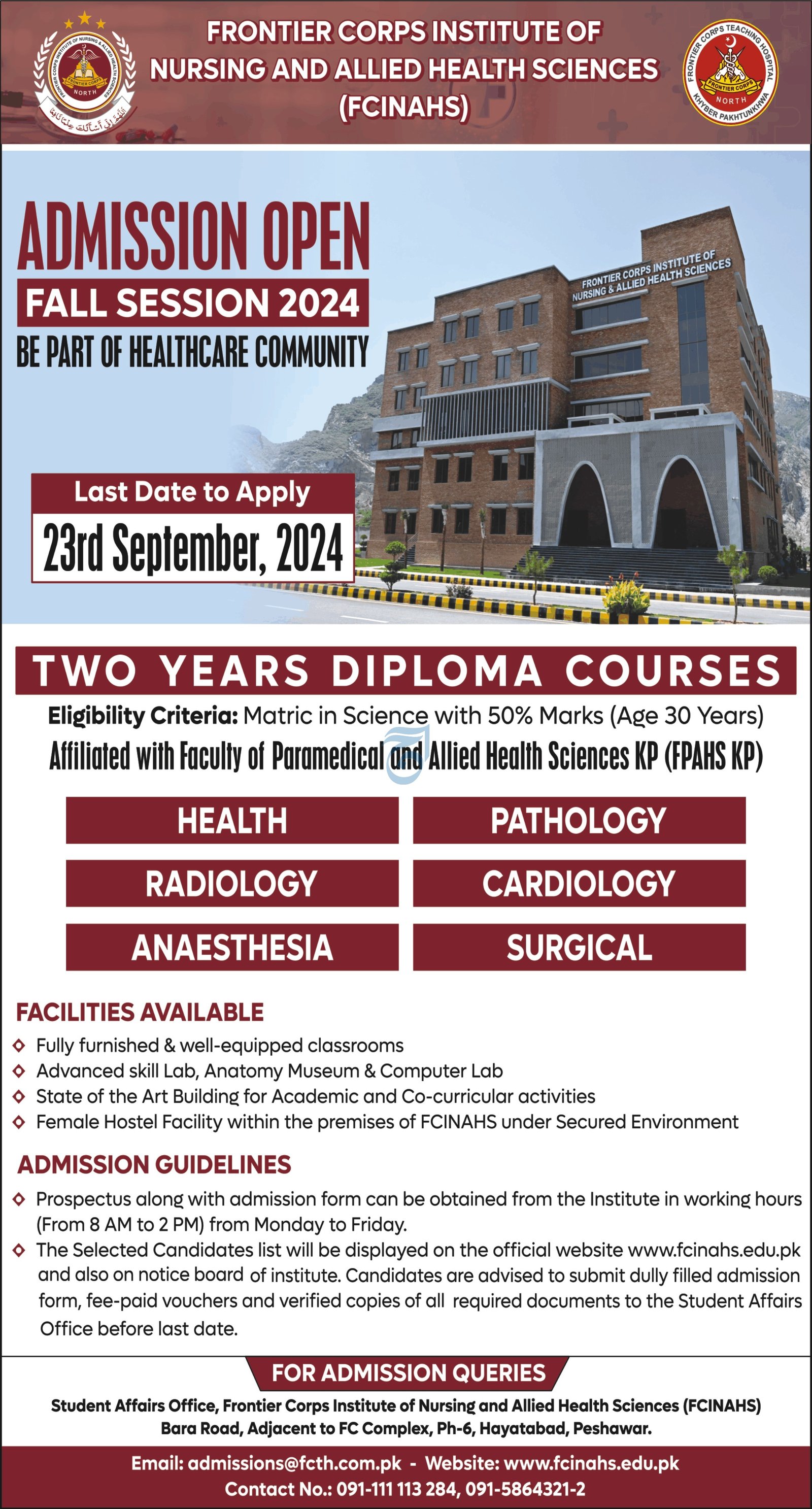 Admission Open in Frontier Crops Institute of Nursing 2024 – Frontier Corps Kpk Admissions 2024 — original advertisement