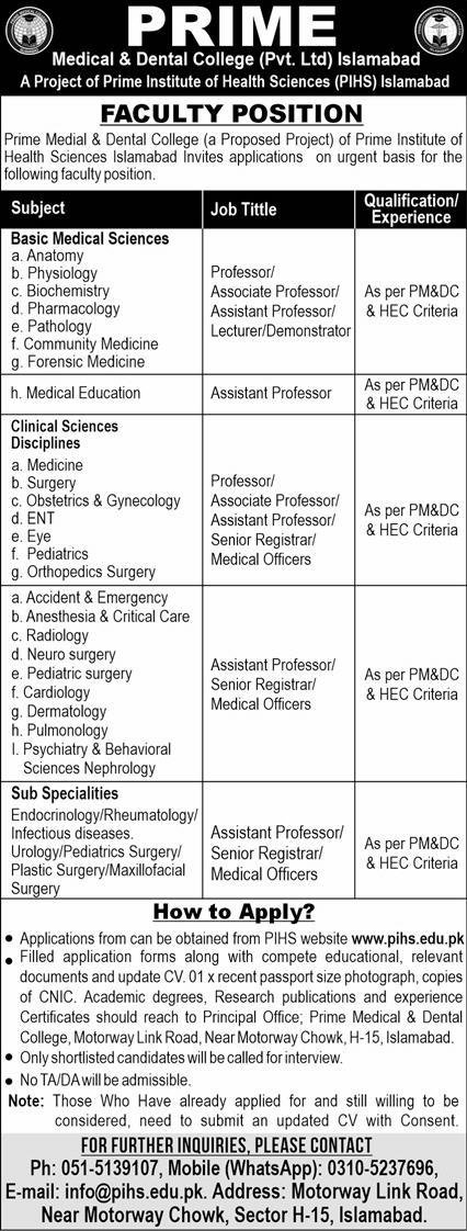 Prime Medical And Dental College Islamabad Jobs 2024 – Prime Medical College Islamabad Jobs 2024 — original advertisement