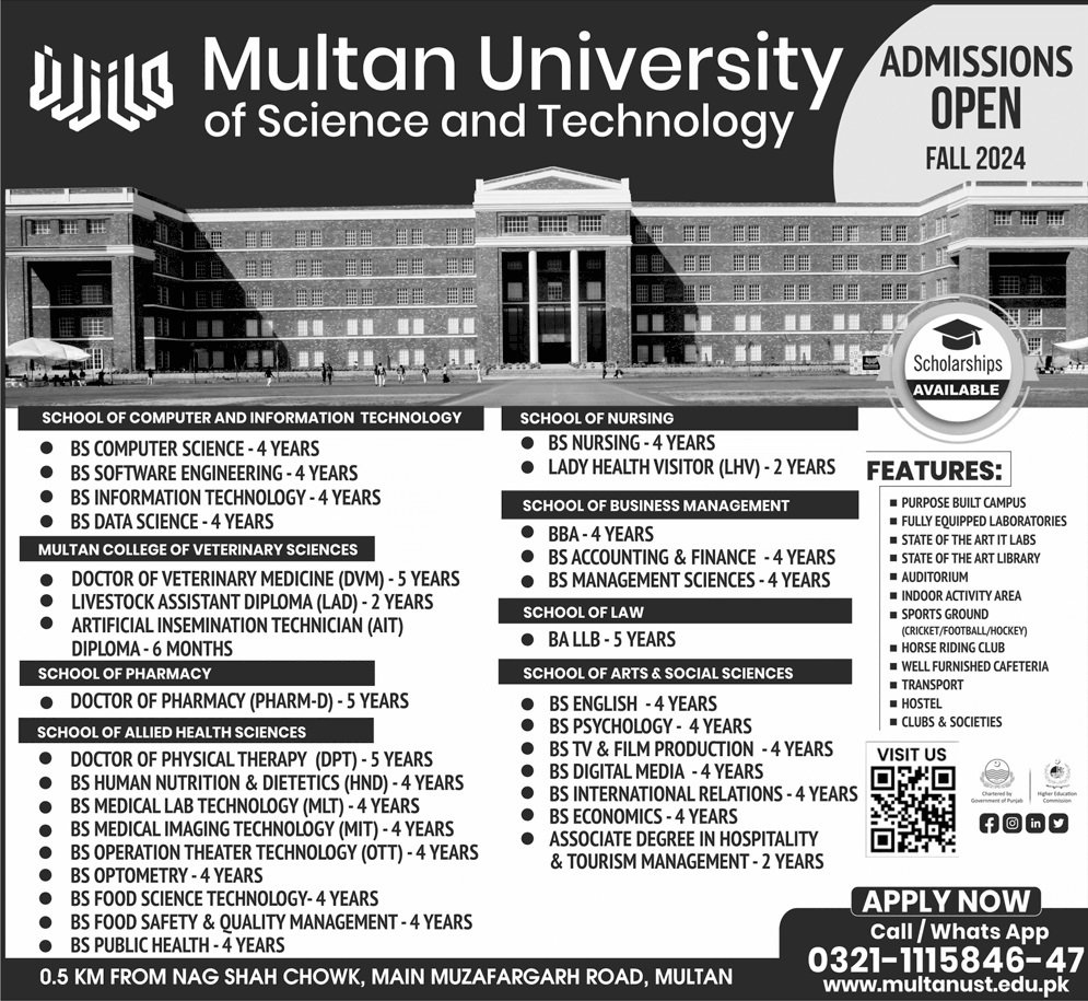 Admission Open in Multan University of Science And Technolog – Multan University Of Science & Technology Admissions 2024 — original advertisement